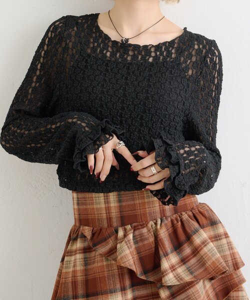 w closet(ダブルクローゼット)の「レース袖フレアトップス(Tシャツ/カットソー・レディース・ブラック/オフホワイト/アイボリー・FREE)」の21枚目の写真