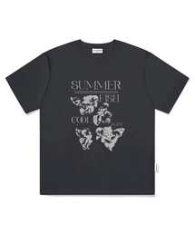 クールサマーフィッシュプリントオーバーサイズ半袖Tシャツチャコール