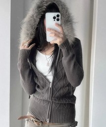 ファー付き ケーブル編み フードZIPパーカー
