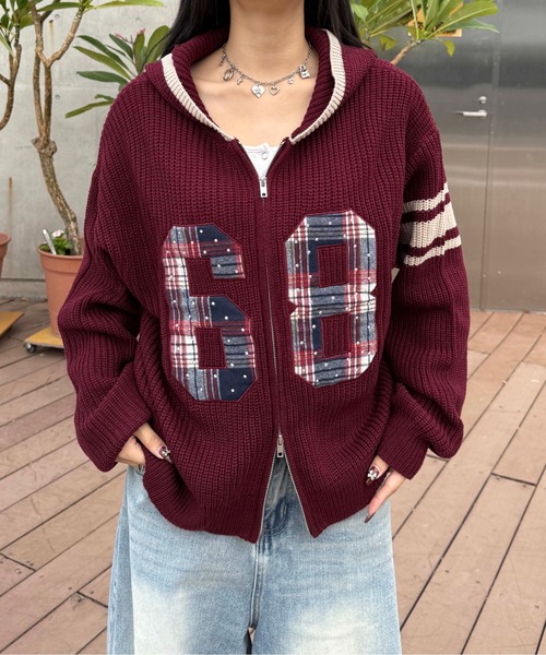 ラインストーンアップリケジップニットパーカー（ニット/セーター