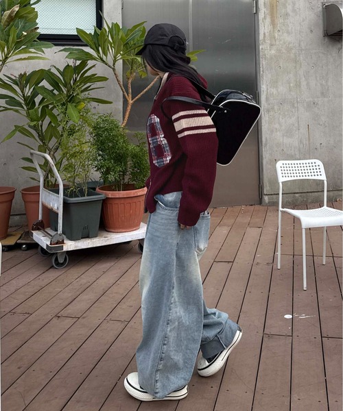 ラインストーンアップリケジップニットパーカー（ニット/セーター