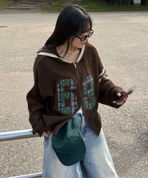 ラインストーンアップリケジップニットパーカー（ニット/セーター