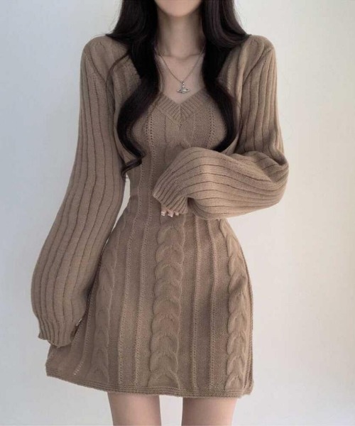 SHEPP(シープ)の「Vネックリブニットフィットタイトミニワンピース(ワンピース・レディース・グレー/ブラック/ピンク/ホワイト/ブラウン・F)」の12枚目の写真