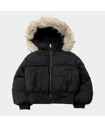 SOME PLACE（サムプレイス）の「フードファー トリミング ソフト ハイネック キルティング セミクロップ ジップアップ パディング ジャンパー [ブラック]（ダウンジャケット/コート）」