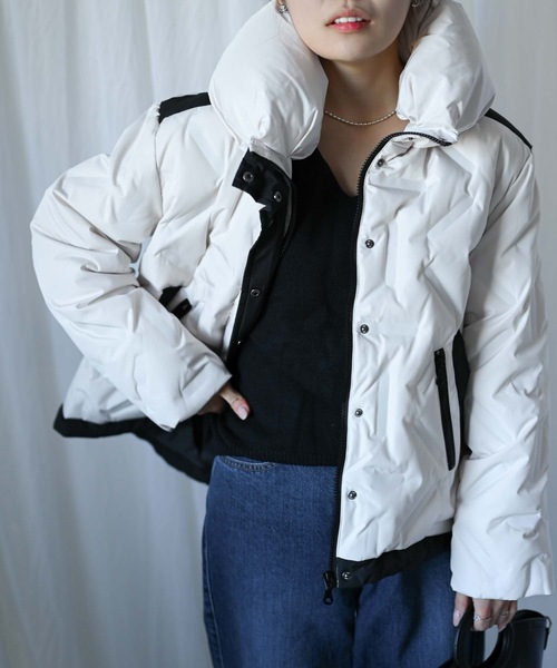 セール】シームレスバイカラーダウンジャケット（配色/フェザー/ダウン