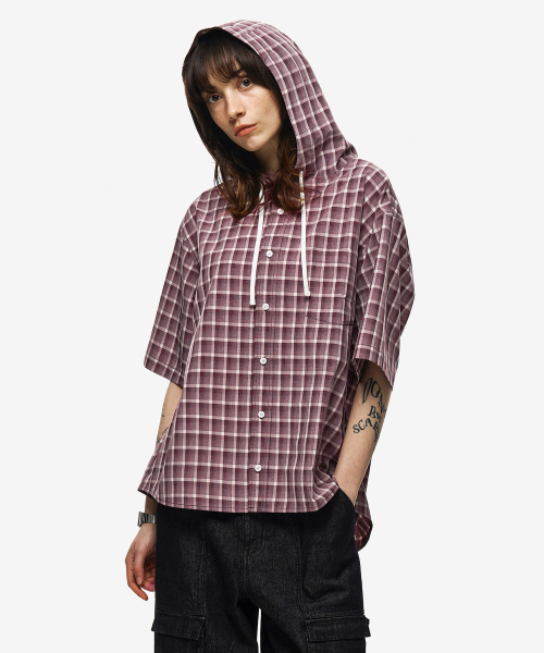 SECONDMONO（セカンドモノローグ）の「フードチェックハーフシャツ[BURGUNDY]_SESH999BURGUNDY（シャツ/ブラウス・レディース・その他・SMALL/MEDIUM）」の5枚目の写真