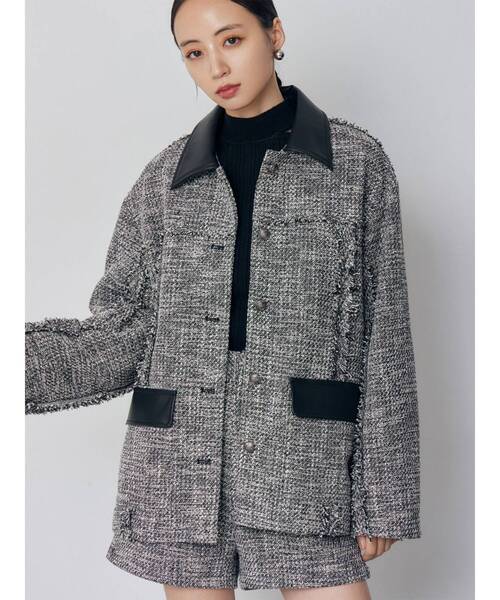 MURUA(ムルーア)の「【セットアップ対応】ツイードミドルジャケット(テーラードジャケット・レディース・ブラック/グレー・FREE)」の2枚目の写真