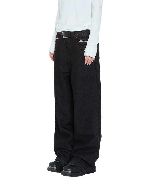 Double Zippered Denim Pants (Black)（デニムパンツ）｜AAKAM