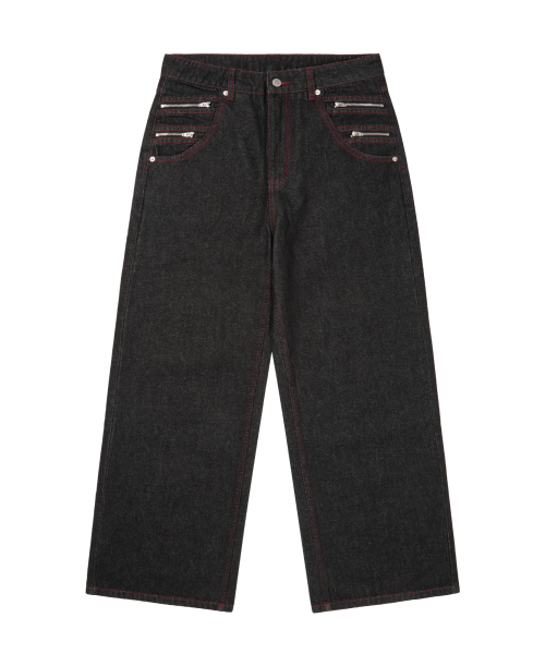 セール】Double Zippered Denim Pants (Black)（デニムパンツ）｜AAKAM