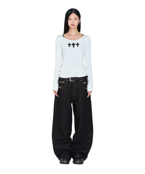 セール】Double Zippered Denim Pants (Black)（デニムパンツ）｜AAKAM