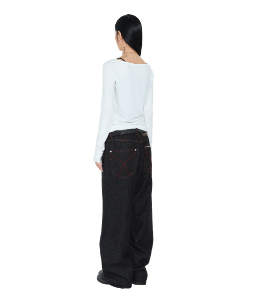 セール】Double Zippered Denim Pants (Black)（デニムパンツ）｜AAKAM
