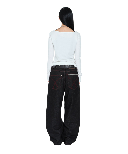 セール】Double Zippered Denim Pants (Black)（デニムパンツ）｜AAKAM