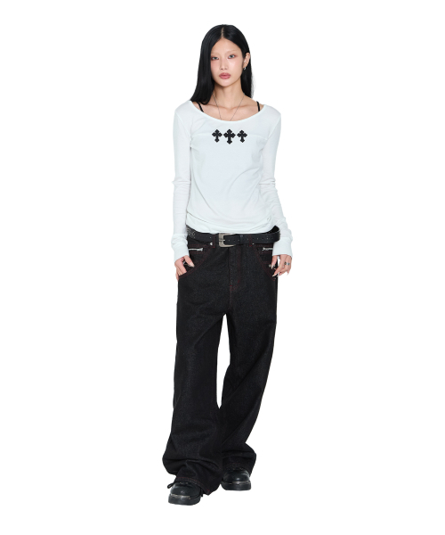 セール】Double Zippered Denim Pants (Black)（デニムパンツ）｜AAKAM