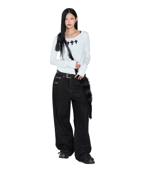 セール】Double Zippered Denim Pants (Black)（デニムパンツ）｜AAKAM