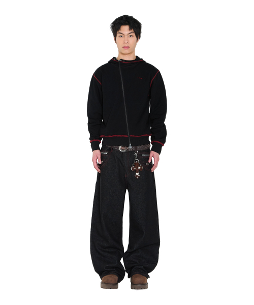 セール】Double Zippered Denim Pants (Black)（デニムパンツ）｜AAKAM