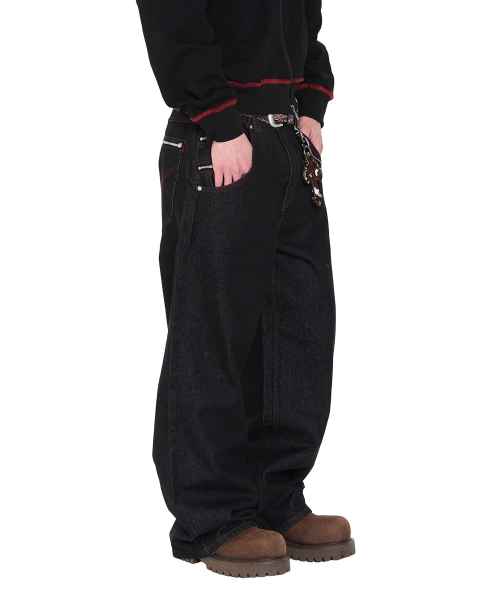 aakam ズボン セール】Double Zippered Denim Pants (Black)（デニムパンツ）｜AAKAM