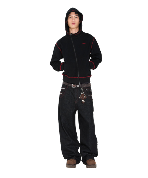 セール】Double Zippered Denim Pants (Black)（デニムパンツ）｜AAKAM