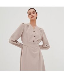 V-neck Long Sleeve Shirt Dress _Beige