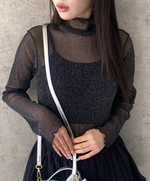 Mejoul(メジュール)の「【2026春夏新作】前後2WAY ラメシアーメロウボトルネックトップス(Tシャツ/カットソー・レディース・オフホワイト/ミント/ピンク/ブラック・F)」の3枚目の写真