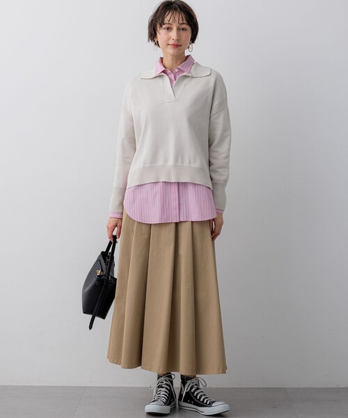 23区 L（ニジュウサンクオオキイサイズ）の「ストレッチギャバ チノ タックフレアスカート（スカート・レディース・ベージュ系・48/46/44）」の7枚目の写真