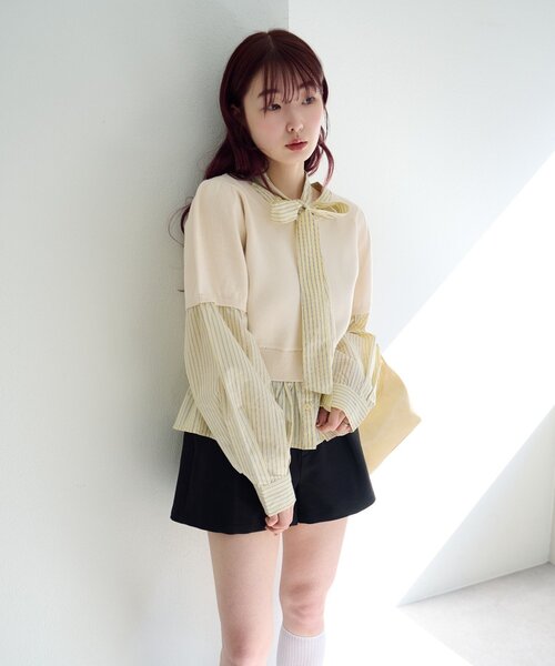 Kastane（カスタネ）の「ドッキングボウタイプルオーバー（シャツ/ブラウス・レディース・チャコールグレー/グレー/アイボリー・FREE）」の2枚目の写真