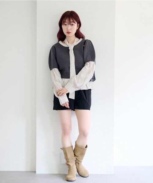 Kastane（カスタネ）の「ドッキングボウタイプルオーバー（シャツ/ブラウス・レディース・チャコールグレー/グレー/アイボリー・FREE）」の5枚目の写真