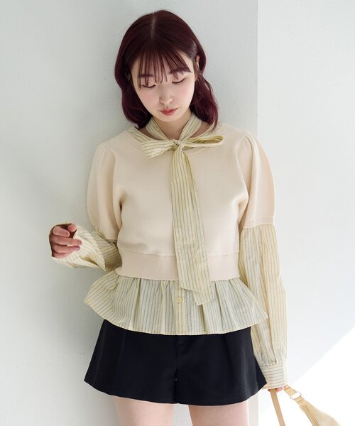 Kastane（カスタネ）の「ドッキングボウタイプルオーバー（シャツ/ブラウス・レディース・チャコールグレー/グレー/アイボリー・FREE）」の9枚目の写真