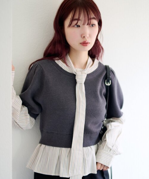 Kastane（カスタネ）の「ドッキングボウタイプルオーバー（シャツ/ブラウス・レディース・チャコールグレー/グレー/アイボリー・FREE）」の3枚目の写真