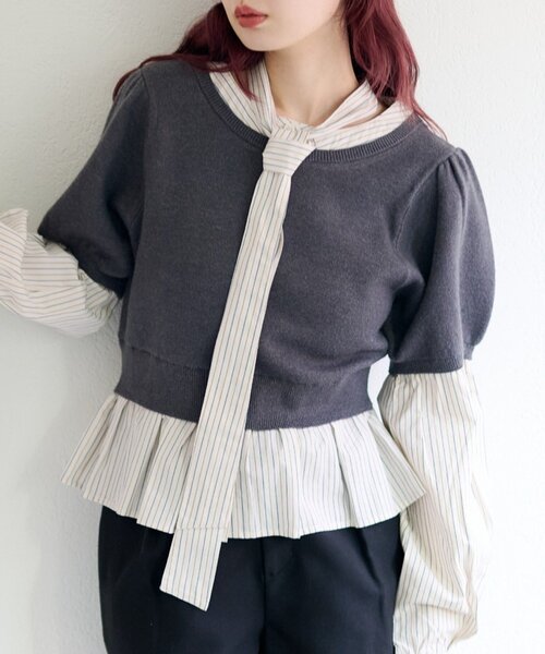 Kastane（カスタネ）の「ドッキングボウタイプルオーバー（シャツ/ブラウス・レディース・チャコールグレー/グレー/アイボリー・FREE）」の4枚目の写真