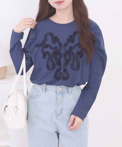 FUNALIVE(ファンアライブ)の「Abanicos オーガンテープ刺繍 プルオーバー(Tシャツ/カットソー・レディース・ネイビー/ブラック/ピンク・LL/M/L/3L)」の7枚目の写真