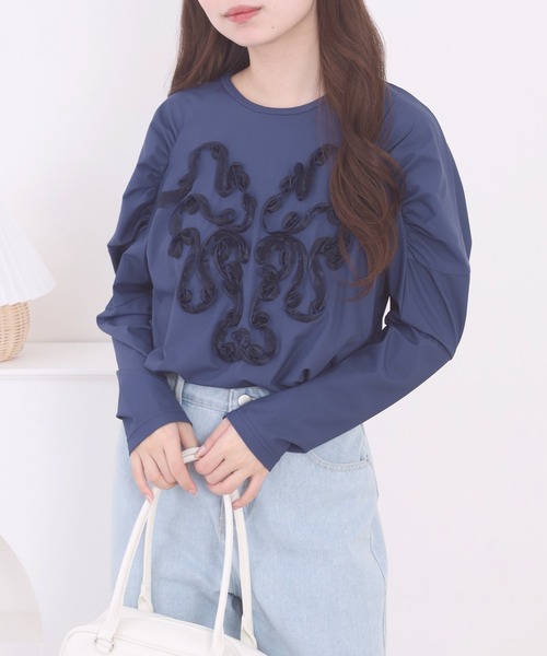 FUNALIVE(ファンアライブ)の「Abanicos オーガンテープ刺繍 プルオーバー(Tシャツ/カットソー・レディース・ネイビー/ブラック/ピンク・LL/M/L/3L)」の8枚目の写真