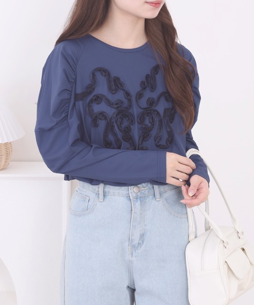 FUNALIVE(ファンアライブ)の「Abanicos オーガンテープ刺繍 プルオーバー(Tシャツ/カットソー・レディース・ネイビー/ブラック/ピンク・LL/M/L/3L)」の9枚目の写真