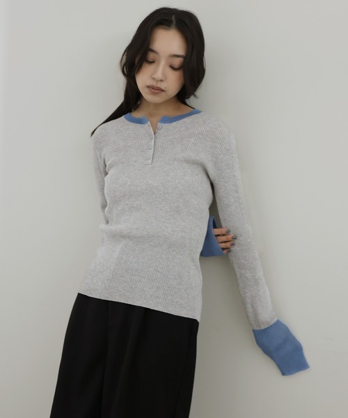 hellam(へラム)の「ラメシアーヘンリー配色ニット(ニット/セーター・レディース・ミント/ブラック/杢グレー/アイボリー・FREE)」の3枚目の写真