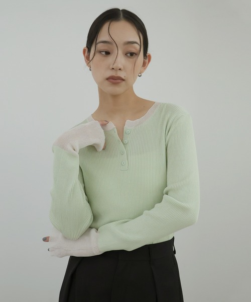 hellam(へラム)の「ラメシアーヘンリー配色ニット(ニット/セーター・レディース・ミント/ブラック/杢グレー/アイボリー・FREE)」の4枚目の写真