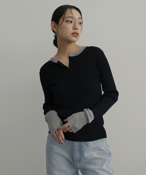 hellam(へラム)の「ラメシアーヘンリー配色ニット(ニット/セーター・レディース・ミント/ブラック/杢グレー/アイボリー・FREE)」の2枚目の写真