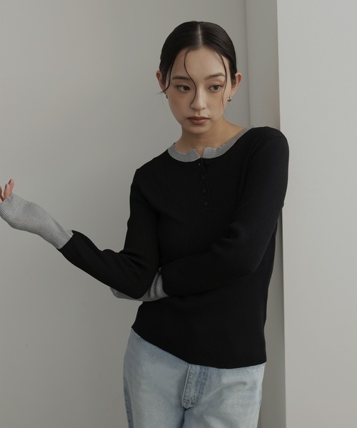hellam(へラム)の「ラメシアーヘンリー配色ニット(ニット/セーター・レディース・ミント/ブラック/杢グレー/アイボリー・FREE)」の14枚目の写真