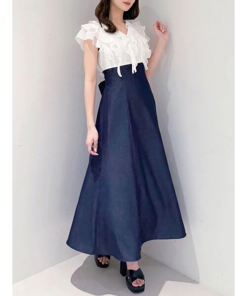 MERCURYDUO（マーキュリーデュオ）の「2WAYラッフルブラウスドッキングワンピース（ワンピース・レディース・その他1/ネイビー/オフホワイト・MEDIUM/SMALL）」の4枚目の写真