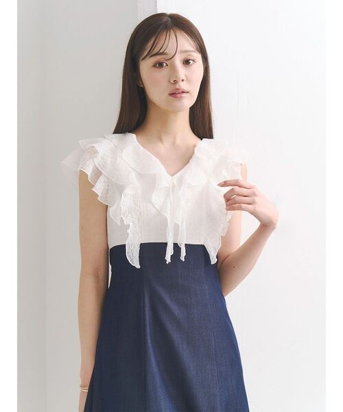 MERCURYDUO（マーキュリーデュオ）の「2WAYラッフルブラウスドッキングワンピース（ワンピース・レディース・その他1/ネイビー/オフホワイト・MEDIUM/SMALL）」の6枚目の写真