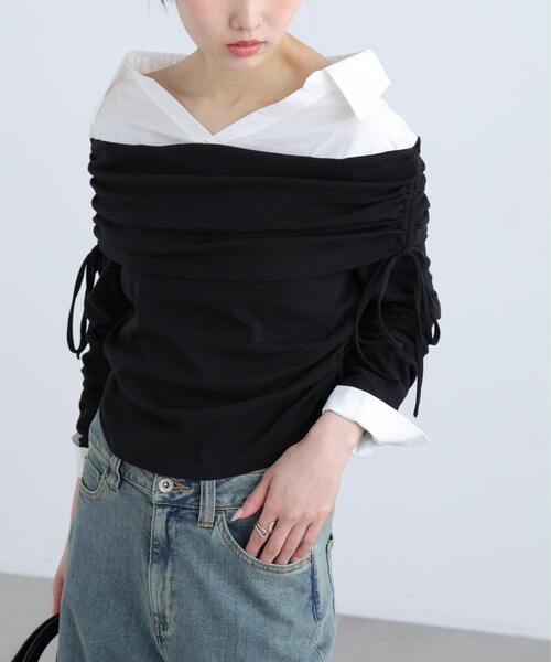 FREE'S MART（フリーズマート）の「◆シャツレイヤードオフショルダー（Tシャツ/カットソー・レディース・グレー/ブラック・FREE）」の2枚目の写真