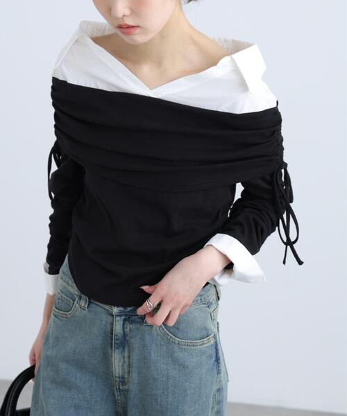 FREE'S MART（フリーズマート）の「◆シャツレイヤードオフショルダー（Tシャツ/カットソー・レディース・グレー/ブラック・FREE）」の6枚目の写真