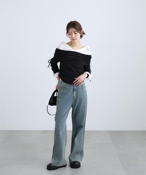 FREE'S MART（フリーズマート）の「◆シャツレイヤードオフショルダー（Tシャツ/カットソー・レディース・グレー/ブラック・FREE）」の5枚目の写真