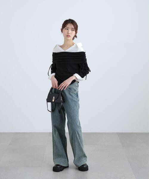 FREE'S MART（フリーズマート）の「◆シャツレイヤードオフショルダー（Tシャツ/カットソー・レディース・グレー/ブラック・FREE）」の4枚目の写真