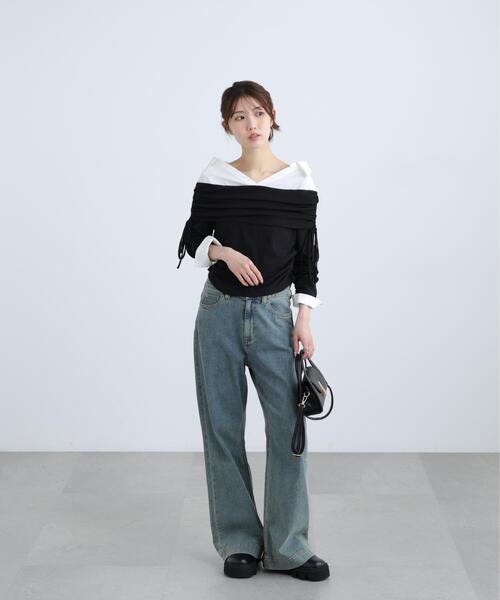 FREE'S MART（フリーズマート）の「◆シャツレイヤードオフショルダー（Tシャツ/カットソー・レディース・グレー/ブラック・FREE）」の3枚目の写真