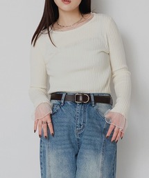 チュール切替リブニットトップス