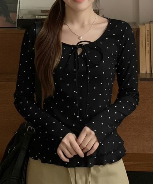 Emilie(エミリー)の「ドット柄 リボン Tシャツ ロンT(Tシャツ/カットソー・レディース・ホワイト/グレー/ブラック・FREE)」の9枚目の写真