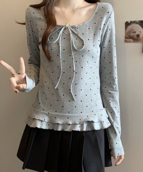 Emilie(エミリー)の「ドット柄 リボン Tシャツ ロンT(Tシャツ/カットソー・レディース・ホワイト/グレー/ブラック・FREE)」の13枚目の写真