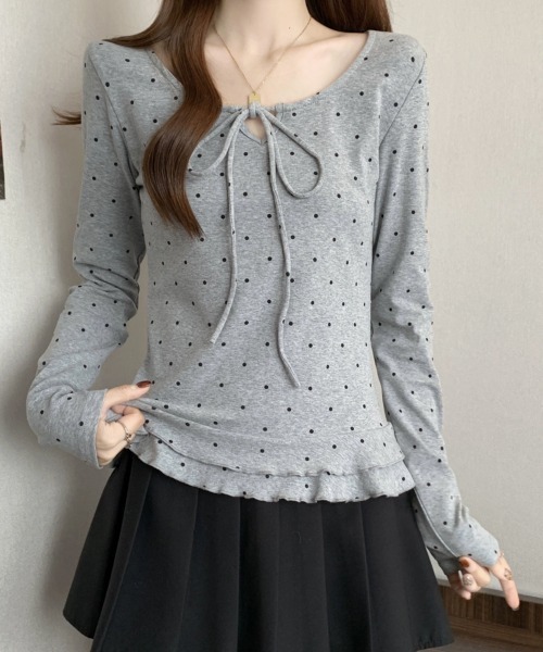 Emilie(エミリー)の「ドット柄 リボン Tシャツ ロンT(Tシャツ/カットソー・レディース・ホワイト/グレー/ブラック・FREE)」の14枚目の写真