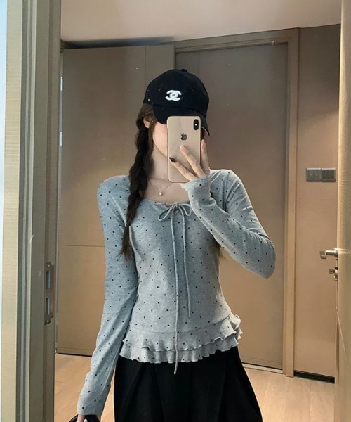 Emilie(エミリー)の「ドット柄 リボン Tシャツ ロンT(Tシャツ/カットソー・レディース・ホワイト/グレー/ブラック・FREE)」の15枚目の写真