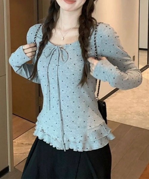 Emilie(エミリー)の「ドット柄 リボン Tシャツ ロンT(Tシャツ/カットソー・レディース・ホワイト/グレー/ブラック・FREE)」の16枚目の写真