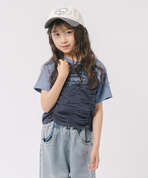 URBAN CHERRY(アーバンチェリー)の「【綿100%/吸水速乾】プラネットロゴギャザーラグランTシャツ(Tシャツ/カットソー・キッズ・ブルー/ピンク/ブラック・150cm/140cm/130cm/120cm/110cm)」の2枚目の写真